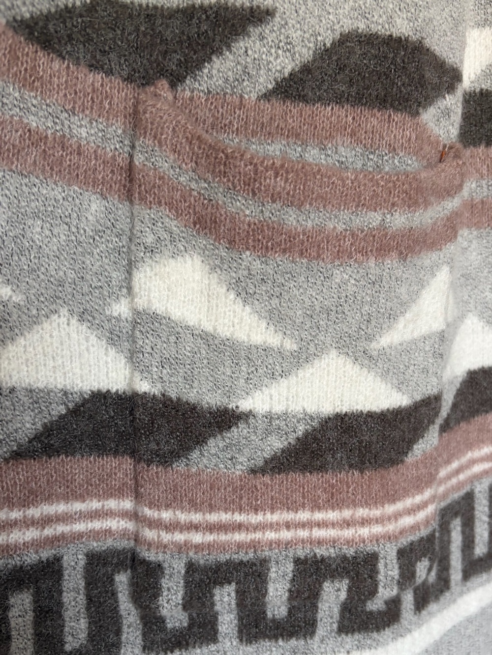 Boho Southwestern Aztec Open Front Cardigan Sweater in Dusty Rose, Gray, White - Picture 6 of 6